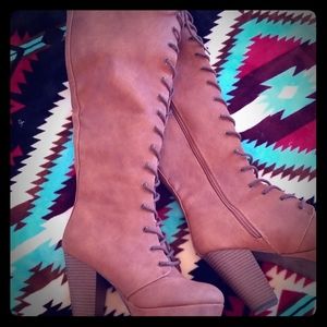 Over the knee brown heeled boots